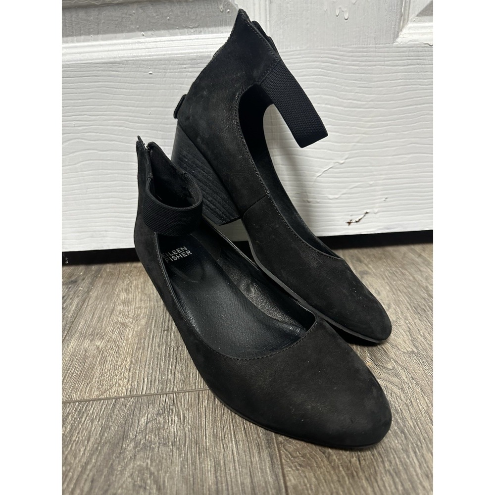 Eileen Fisher Liza Ankle Strap Black Nubuck Leather Pumps Women's Size 6 1/2